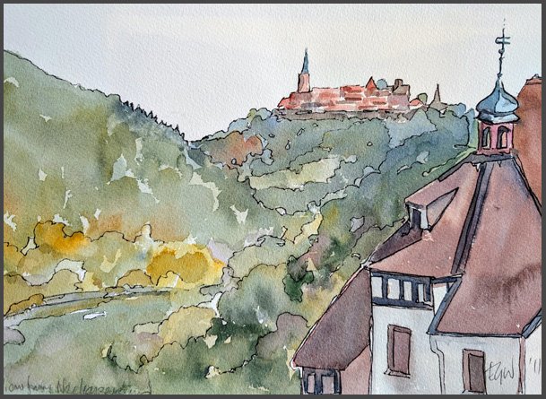 View along the Neckar towards Dilsberg Castle