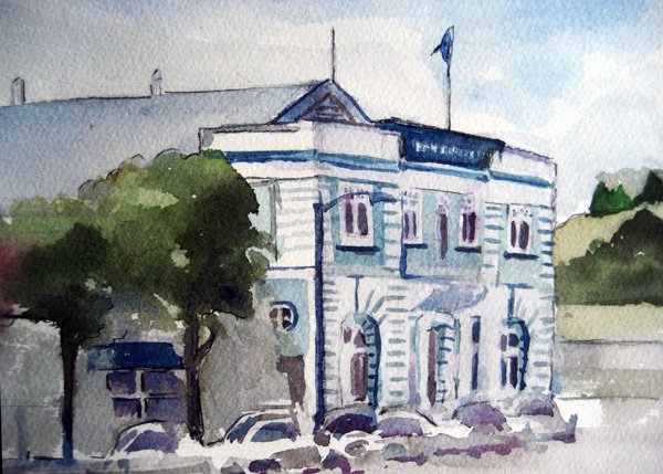 The blue and white heritage town hall in Taihape