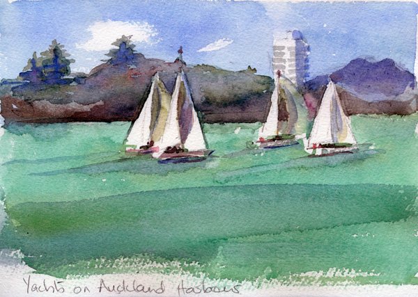 Four sailboats on the turquoise waters of Auckland Harbour with city building in the background