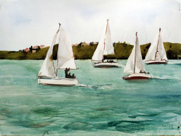 Four sailboats on the turquoise waters of Auckland Harbour