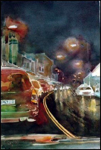 Colourful watercolour of cars on King Street at night on wet streets