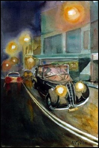 Colourful watercolour of an old black BMW on King Street