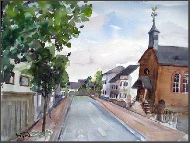 View along Altpforterstrasse in Weisl with church spire