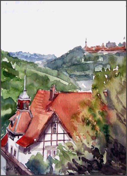 House with red roof and the View along the Neckar towards Dilsberg Castle