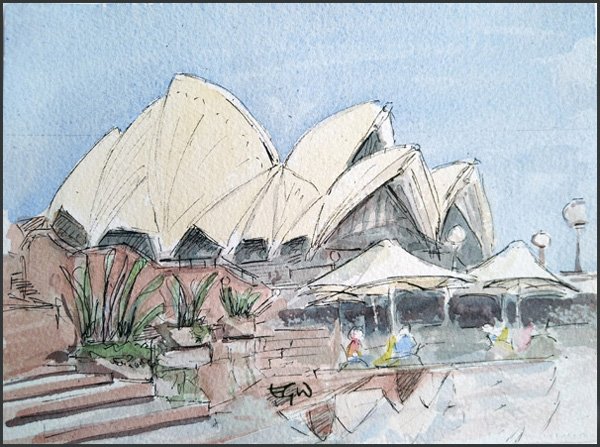 Watercolour and Ink drawing of Sydney Opera House and umbrellas