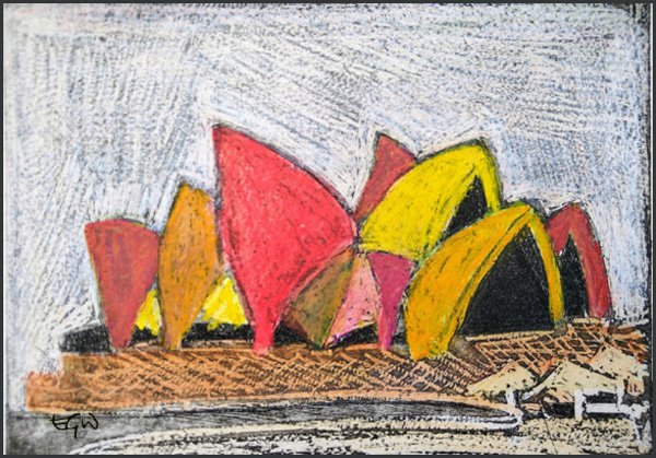 Etching of Sydney Opera House with multicoloured sails