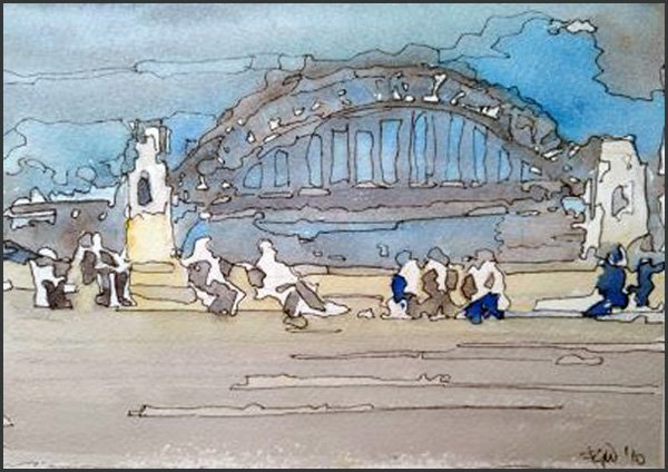 Figures sit on benches with Sydney Harbour Bridge in the background