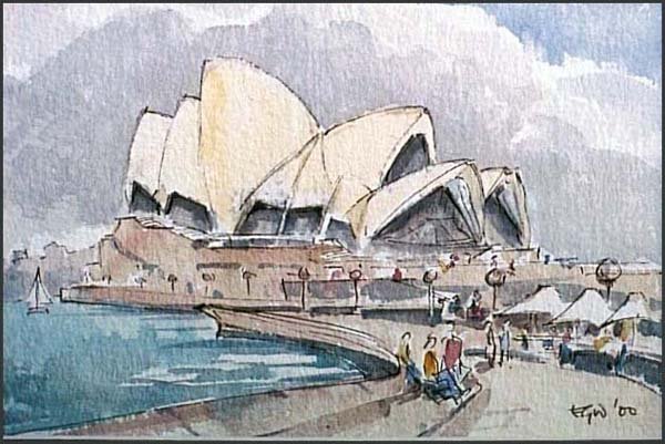 Sydney Opera House and umbrellas along the walkway in Watercolour and Ink