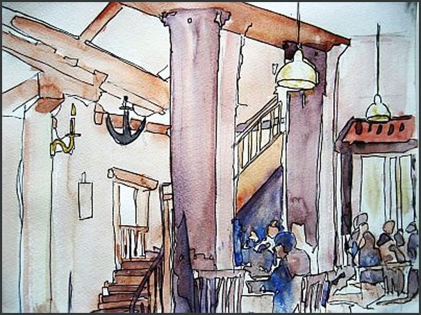 Watercolour and ink sketch of the interior of the Anchor Restaurant in Maribor