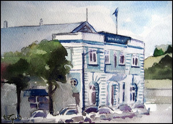 The blue and white heritage town hall in Taihape