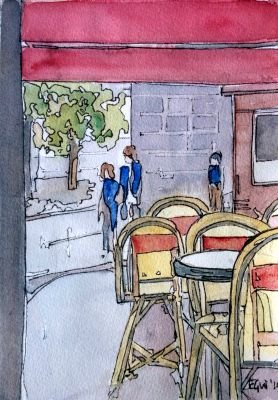 The distinctive cafe chairs drawn from inside a cafe in Paris
