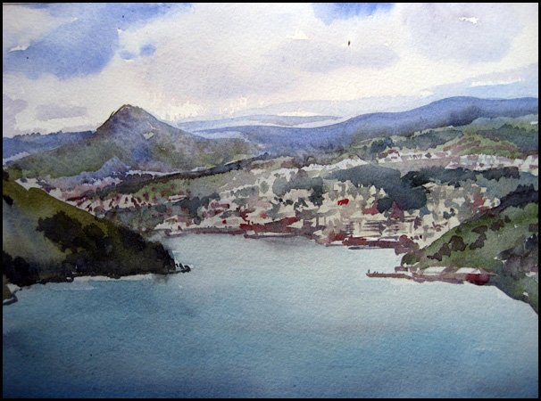 Turquoise Otago Harbour with Dunedin on the hills